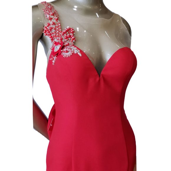 Vintage TATIK EDIZ Red Beaded Floral Detailed Evening Gown - Picture 4 of 11